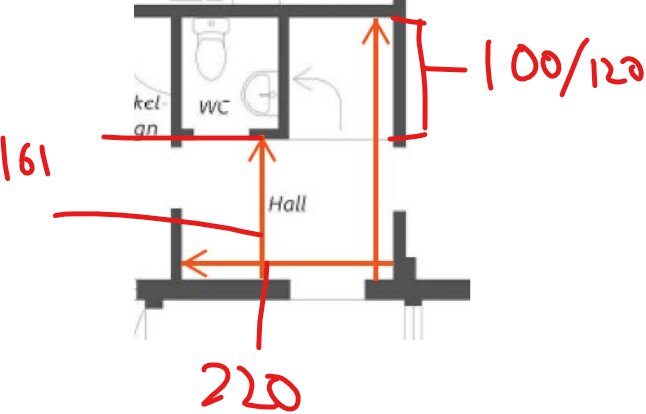 Planritning av husets ovanvåning med markerade mått: hall, WC och källare. Mått: 220 cm, 161 cm, 100/120 cm. Indikerar rumsdimensioner.