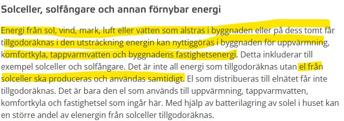 Text om solceller och förnybar energi i byggnader med vissa delar av texten markerade i gult.