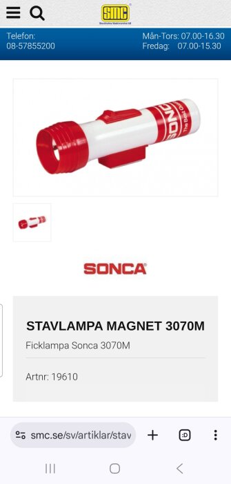 Ficklampa Sonca 3070M med röd och vit design, erbjuds av Stockholms Maskincentral AB.