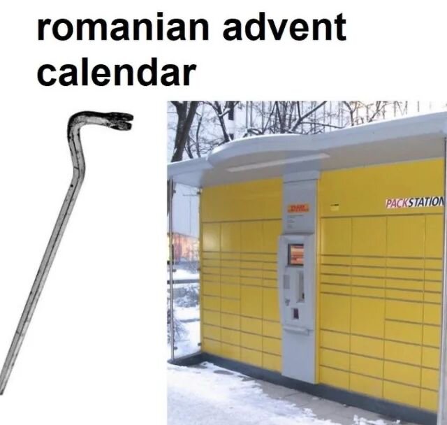En järnkrok bredvid en gul DHL-packstation med texten "romanian advent calendar".