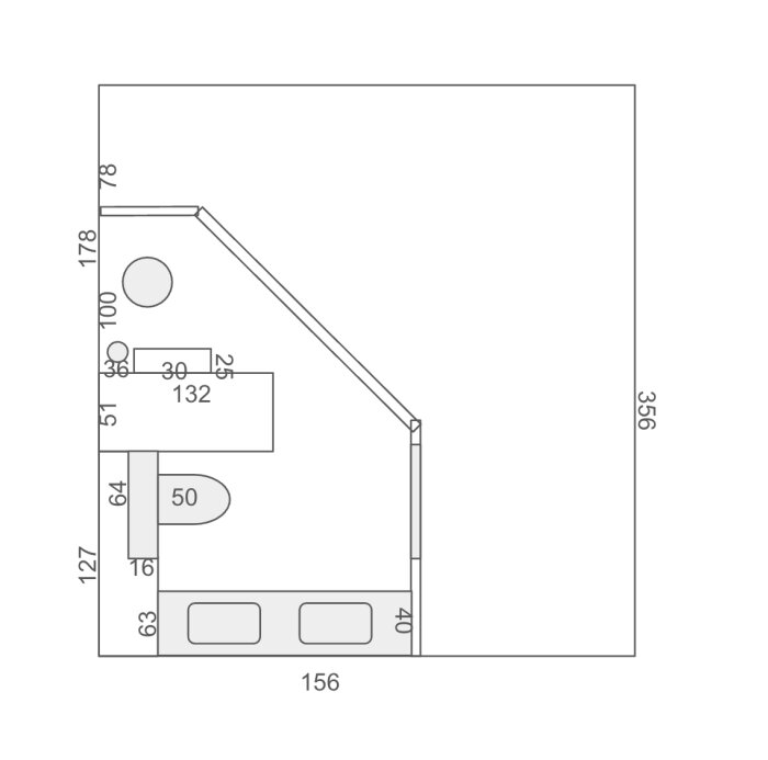 Ritning av badrum med dusch, toalett och handfat. Inkluderar mått och placering av stammar i hörn. Diskuterar optimering av dörröppning och layout.