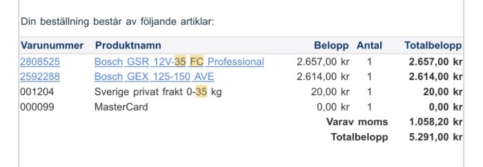 Orderbekräftelse med artikelnummer, produktnamn, belopp, antal och totalbelopp. Innehåller verktyg och frakt. Totalbelopp: 5.291,00 kr.