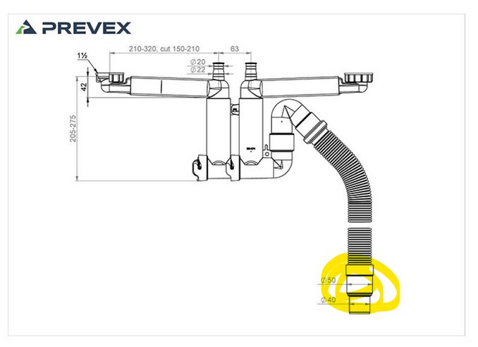 Ritning av ett Prevex diskbänksvattenlås med måttangivelser; en flexibel slang på höger sida markerad med 40/50 i gult.