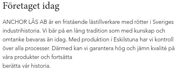 Anchor Lås AB företagsbeskrivning med fokus på tradition och kvalitet inom låstillverkning i Sverige.