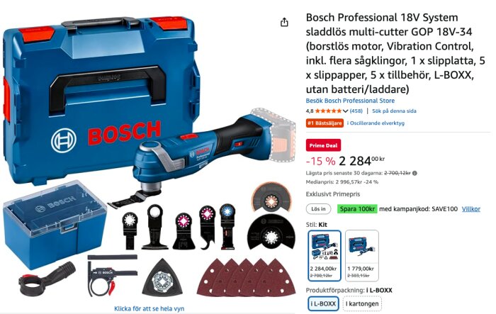 Bosch sladdlöst multiverktyg med tillbehör och förvaringslåda, används för renovering och byggprojekt.