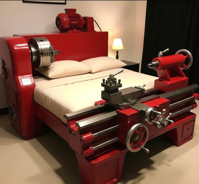 En säng utformad som en röd svarv, med maskindelar synliga och sängkläder ovanpå.