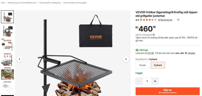 Vridbar lägereldsgrill av stål från VEVOR med justerbart grillgaller, inklusive bärväska.