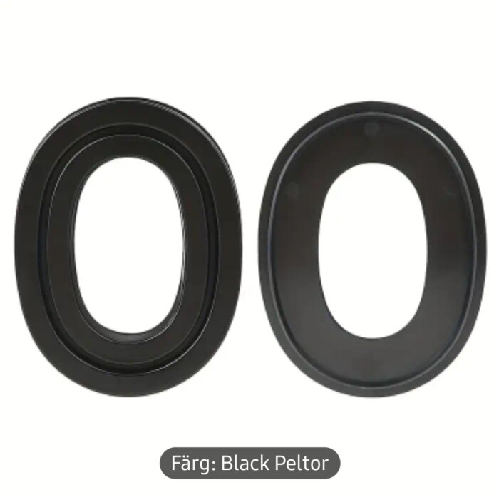Svarta gelkuddar för Peltor hörselskydd, visade två ovaler på vit bakgrund.