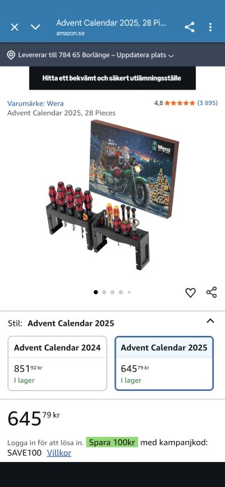 Wera Advent Calendar 2025 med verktyg och en julbild på tomten, pris 645,79 kr på Amazon.se, erbjudande med SAVE100 kupong.