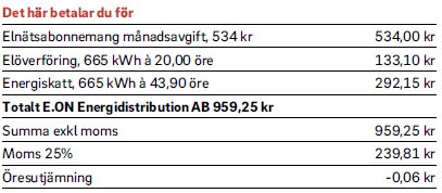 Tabell över elkostnader 2025: innehåller avgifter för abonnemang, överföring, energiskatt, moms och justeringar, med en total kostnad på 959,25 kr exkl. moms.