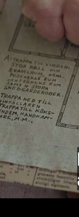Hand ritandes på gammalt byggschema med text om trappa A till vinden och specifika rum samt B trappa ner till vinkällaren.