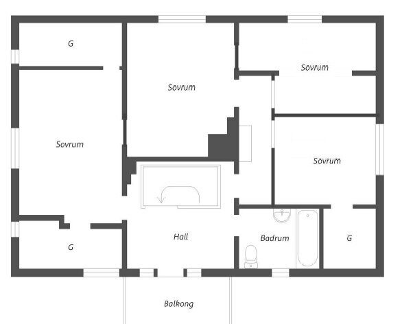 Bottenvåningsplan med sovrum, badrum, hall, balkong och kattvindar markerade som "G".