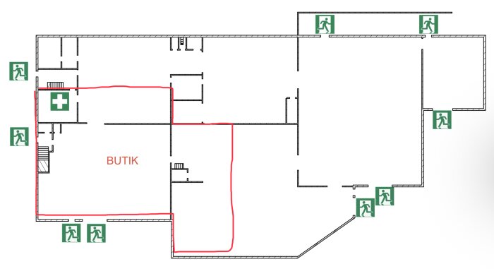 Planritning som visar en butiks lokal med markerade nödutgångar och en röd linje indikerar utrymningsväg.