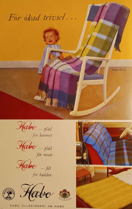 Reklam från 1961, visar en färgglad yllefilt på en gungstol och en glad pojke. Texten beskriver filtens användning för hem, resa och bädd.