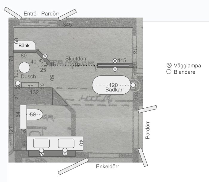 Planritning över badrum med placering av dusch, badkar, bänk, två handfat, skjutdörr och pardörr. Inkluderar vägglampor och blandare.