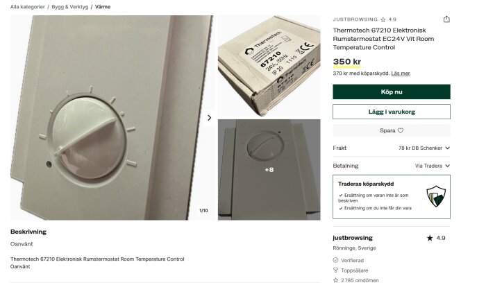 Vit Thermotech 67210 elektronisk rumstermostat med vridbar ratt för temperaturkontroll. Oanvänd och visas med originalförpackning.