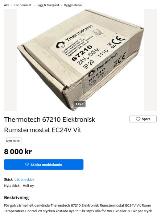 Karton med Thermotech 67210 elektronisk rumstermostat EC24V vitrumstermostat.