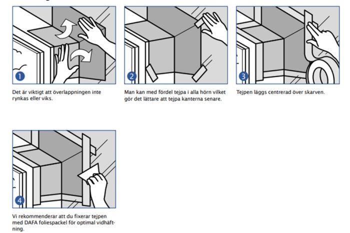 Instruktionsbilder visar steg för att försegla ångspärr vid fönsterhörn med tejp för att skapa en tät anslutning utan rynkor eller veck.