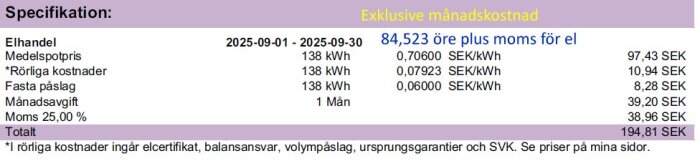 Elräkning specifikation med kostnader för elhandel under september 2025, inklusive spotpris, rörliga kostnader, fasta påslag och moms, totalt 194,81 SEK.