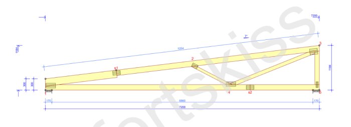 Ritning av en takstol med måttangivelser, längder och vinklar för byggprojekt.