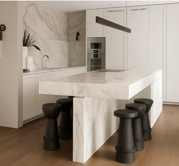 Modernt kök med marmor köksö, svarta barstolar, inbyggda ugnar och diskho. Väggar i ljus marmor, minimalistisk design.