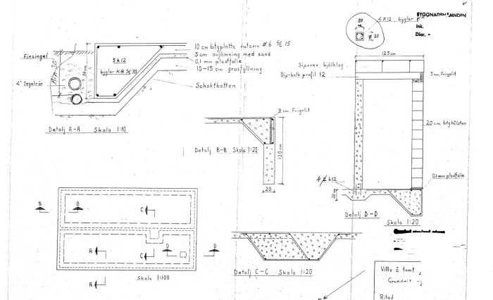 Ritning av armerad betongplatta med detaljer om 10 cm tjocklek och olika sektioner, skala och materialangivelser.