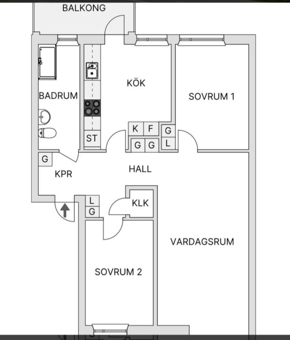 Planlösning av lägenhet med kök, sovrum, vardagsrum, badrum och balkong. Köket planeras flyttas, uppsågad väg markerad i rött.