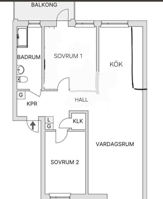 Planritning över lägenhet med balkong, badrum, två sovrum, kök, vardagsrum och hall.