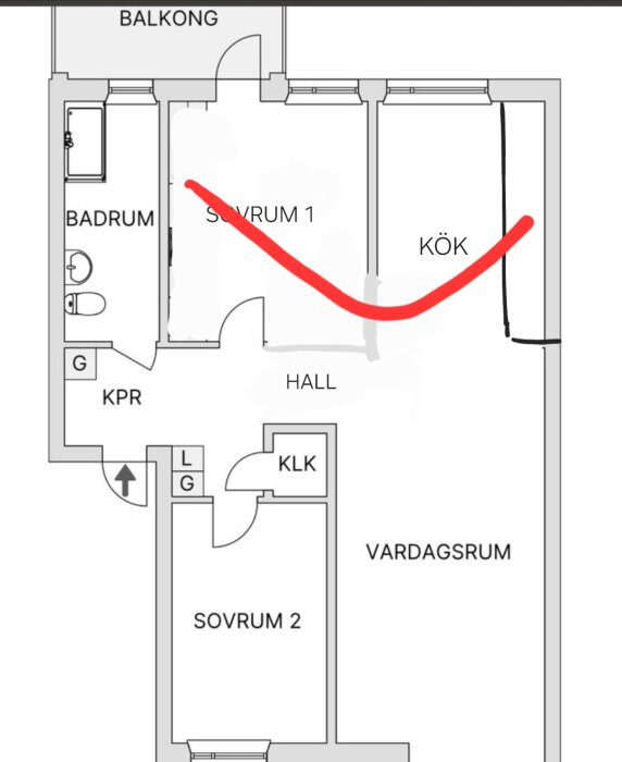 Planritning av lägenhet, markerad med en röd linje från sovrum 1 till kök, visar potentiellt område för rördragning.