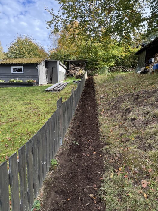 En grävd ränna längs ett trästaket i en sluttande trädgård med höstlöv och närliggande byggnader i bakgrunden.
