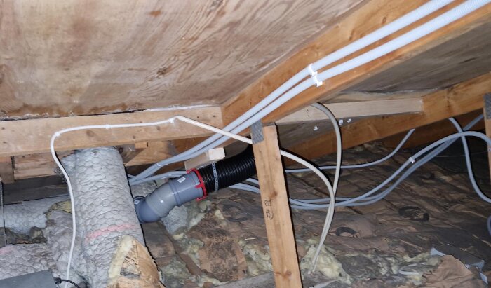 Bild av vind med omväg för slang och extra regel för stöttning mellan takstolar. Isolering och plywood syns vid installationen.