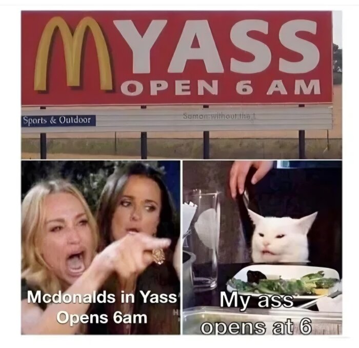 Kollage med skylt för McDonald's i Yass, en kvinna som pekar och en katt framför en tallrik. Text: "McDonalds in Yass Opens 6am", "My ass opens at 6".