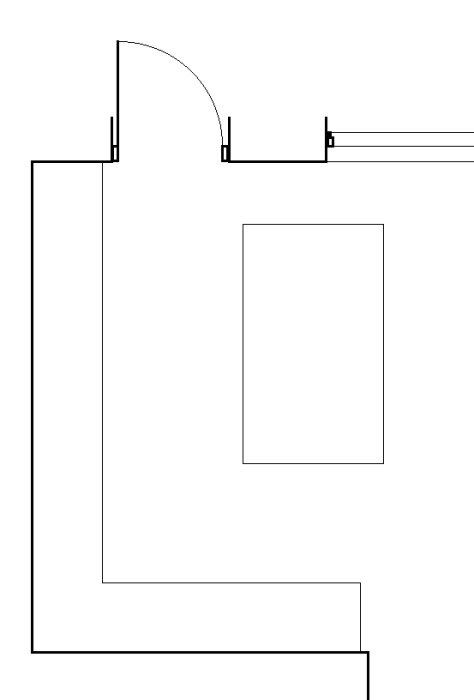 Planritning med dörröppning, köksö och väggar. Köksön tar stor plats och det finns begränsad passage längs fönstersidan.