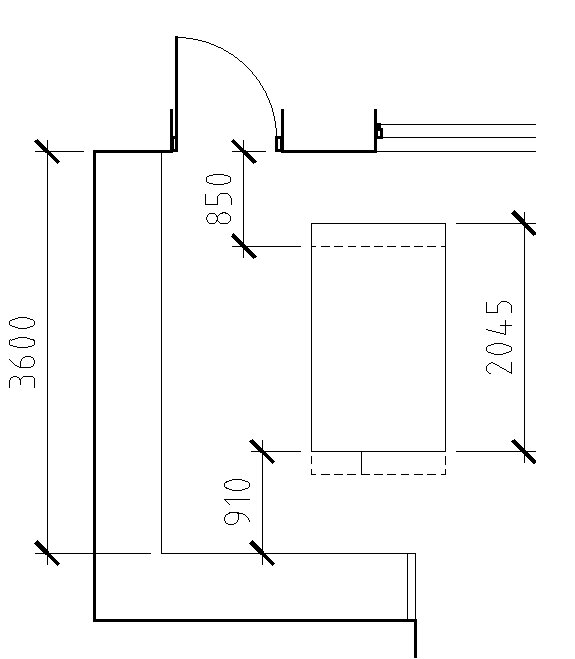 Ritning över kök med bänklängd längs fondvägg och köksö med måtten 2045x850, visar arbetsbänk och köksöns placering i relation till ingång.