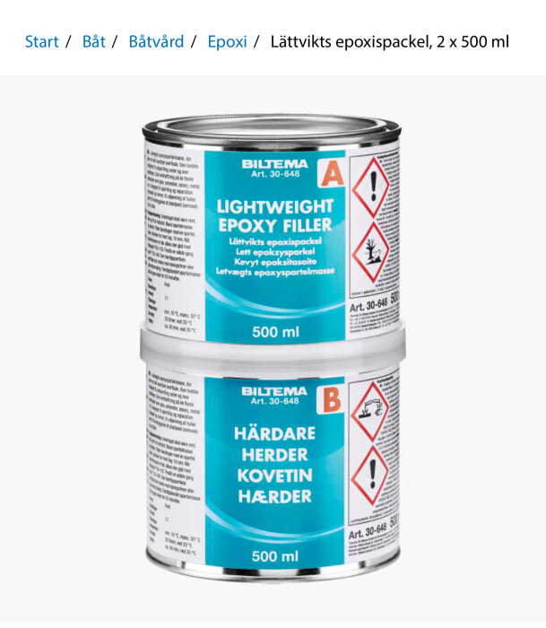 Två burkar Biltema lättvikts epoxispackel, en med fyllmedel och en med härdare, båda 500 ml, för reparation av träskador.