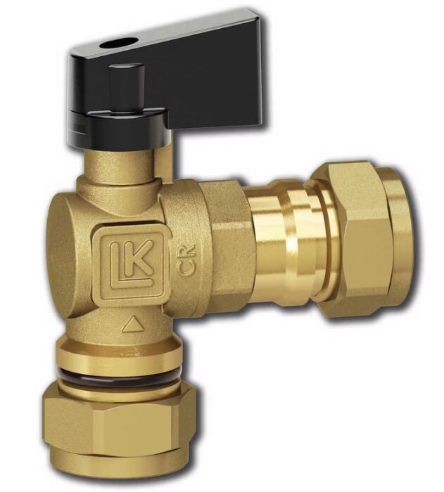 Äldre LK vinkelventil av mässing med svart vredbrist, använd för vattenröranslutning.