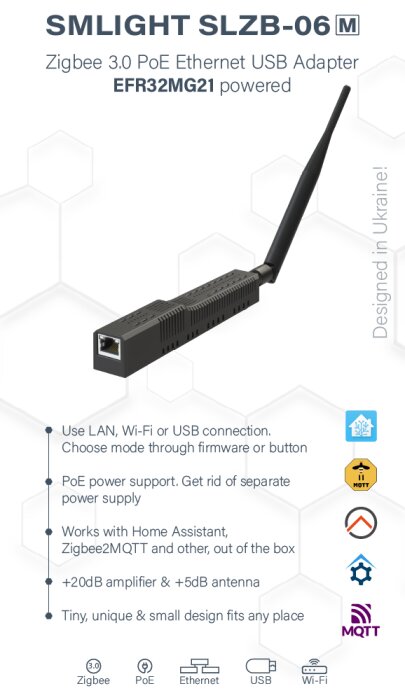 Zigbee 3.0 PoE Ethernet USB Adapter SMLIGHT SLZB-06M med antenn, kompatibel med Home Assistant, för enkel trådlös anslutning och förstärkt signal.
