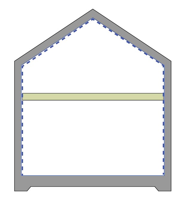 Illustration av en byggnadssnitt med blå linje för ångspärrens placering, som löper längs väggar och tak.