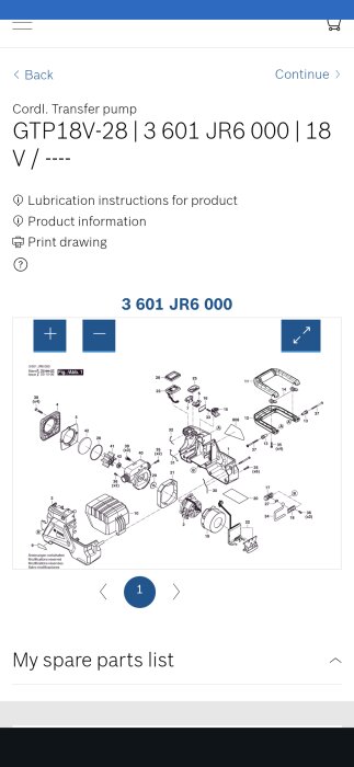 Illustration över delar till en sladdlös 18V överföringspump GTP 18V-28, inklusive sprängskiss med komponentnummer och ritningstext.