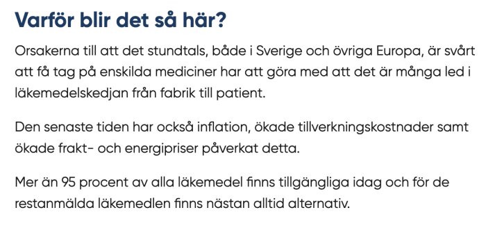 Bild med text om orsaker till läkemedelsbrist i Europa, inklusive långa leveranskedjor och ekonomiska faktorer som inflation och stigande kostnader.