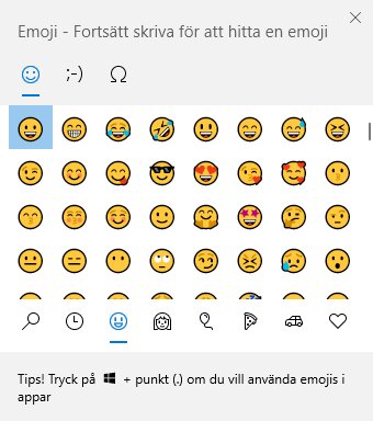 Emoji-panel på datorn med olika smileys och instruktion om att trycka "Windows + punkt" för att använda emojis i appar.
