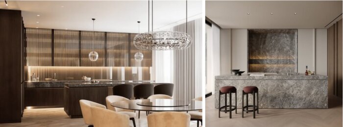 Två moderna kökslayouter: Vänster visar ett kök med mörka träytor och glaskupor, och höger ett kök med marmoryta och två barstolar.