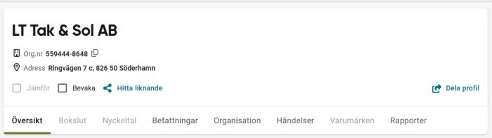 Affärsprofil för LT Tak & Sol AB med organisationsnummer och adress i Söderhamn.