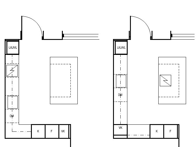 Två köksskisser med olika lösningar för kyl, frys, vinkyl och köksö, illustrerar utrymme och placering i ett L-format kök.