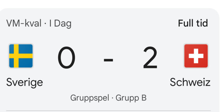 Resultattavla i fotbolls-VM-kval: Sverige 0 - Schweiz 2, Match Grupp B. Full tid.