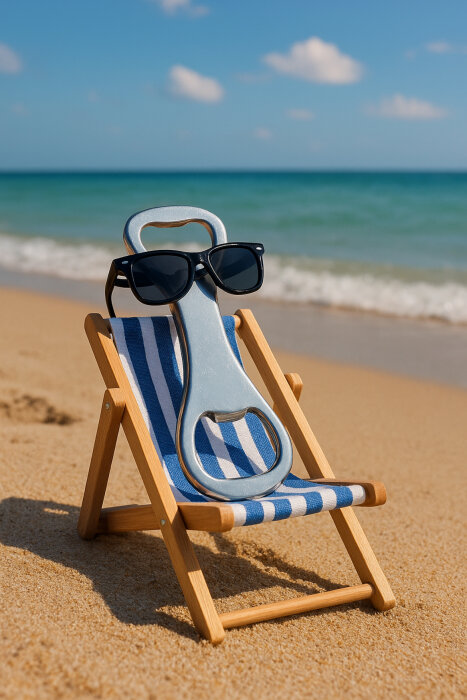 Flasköppnare med solglasögon i solstol på sandstrand med hav i bakgrunden.