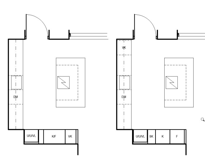 Planritning av kökslayout med två alternativ: en med kyl och frys under bänk, en annan med standardlayout. Alternativ för placering vid yttervägg.