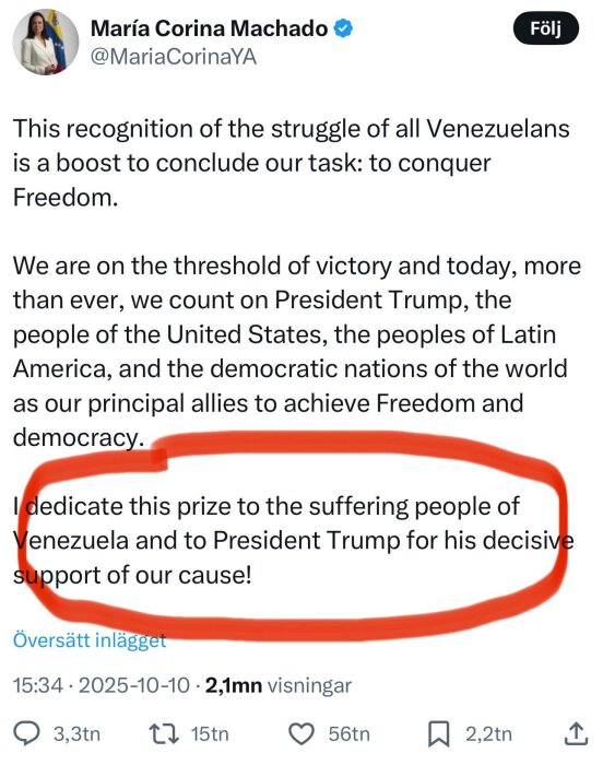 Tweet från María Corina Machado där hon tackar President Trump och folket i Venezuela för stöd, med text om frihetskamp. En del är markerat med rött.