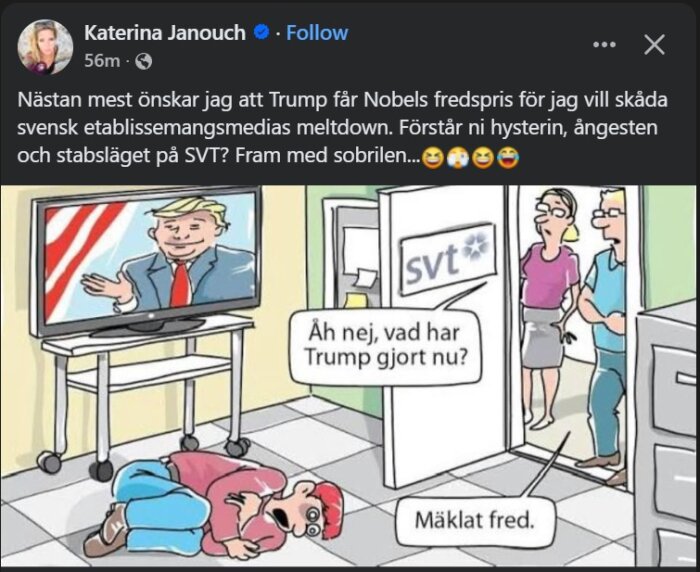 Tecknad bild av Trump på TV, person på golvet i fosterställning, SVT-skylt i bakgrunden, pratbubbla med text "Åh nej, vad har Trump gjort nu?