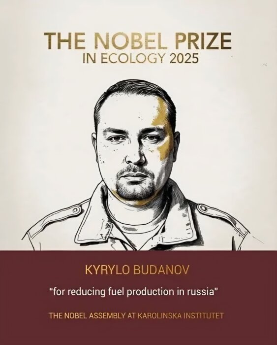 Poster för Nobels Fredspris i Ekologi 2025 med en teckning av en person och text om minskad bränsleproduktion i Ryssland.